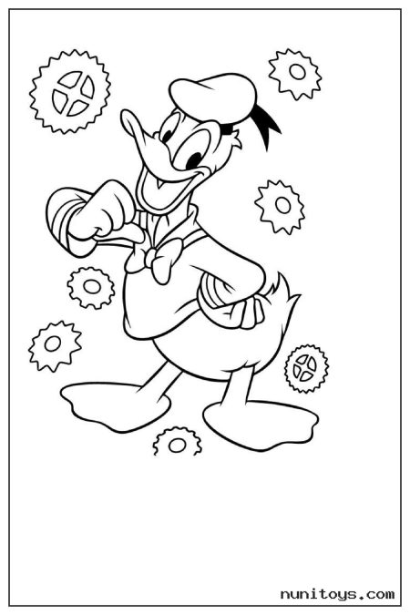 Donald Duck Standing Among Gears Coloring Page