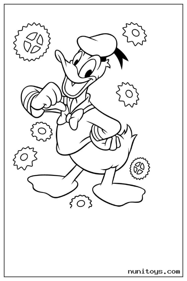 Coloriage Donald Duck entouré de rouages et roues dentées