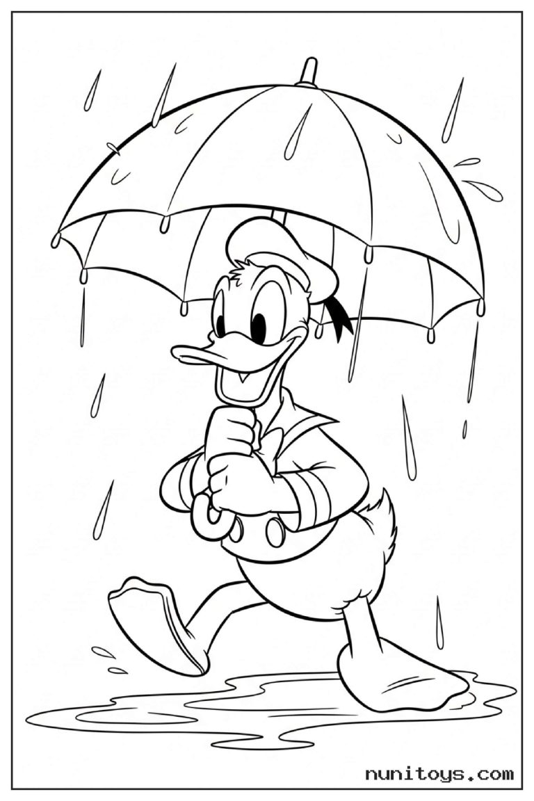 Coloriage Donald Duck marchant sous un parapluie dans la pluie
