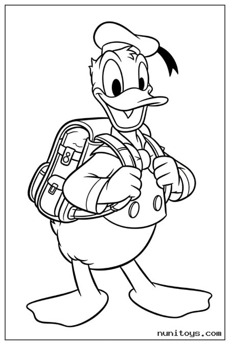 Donald Duck Wearing Backpack for School Coloring Page