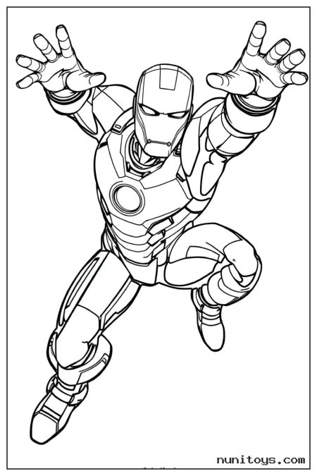 Iron Man Flying Forward with Both Hands Extended Coloring Page