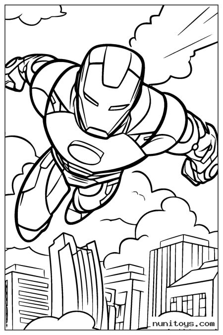 Iron Man Flying Over City Skyline Coloring Page