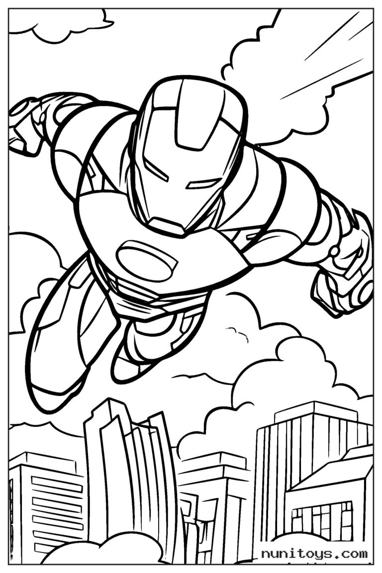 Coloriage Iron Man volant au-dessus des immeubles de la ville