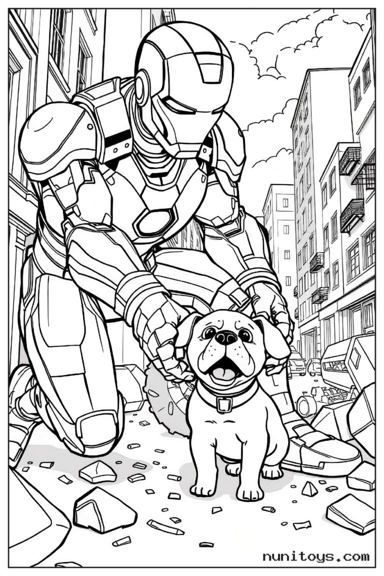 Coloriage Iron Man accroupi avec un petit chien dans la rue