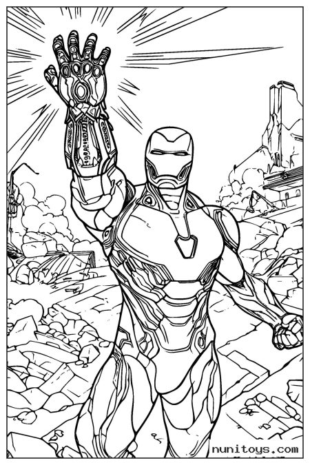 Iron Man Raising Infinity Gauntlet Among Ruins Coloring Page