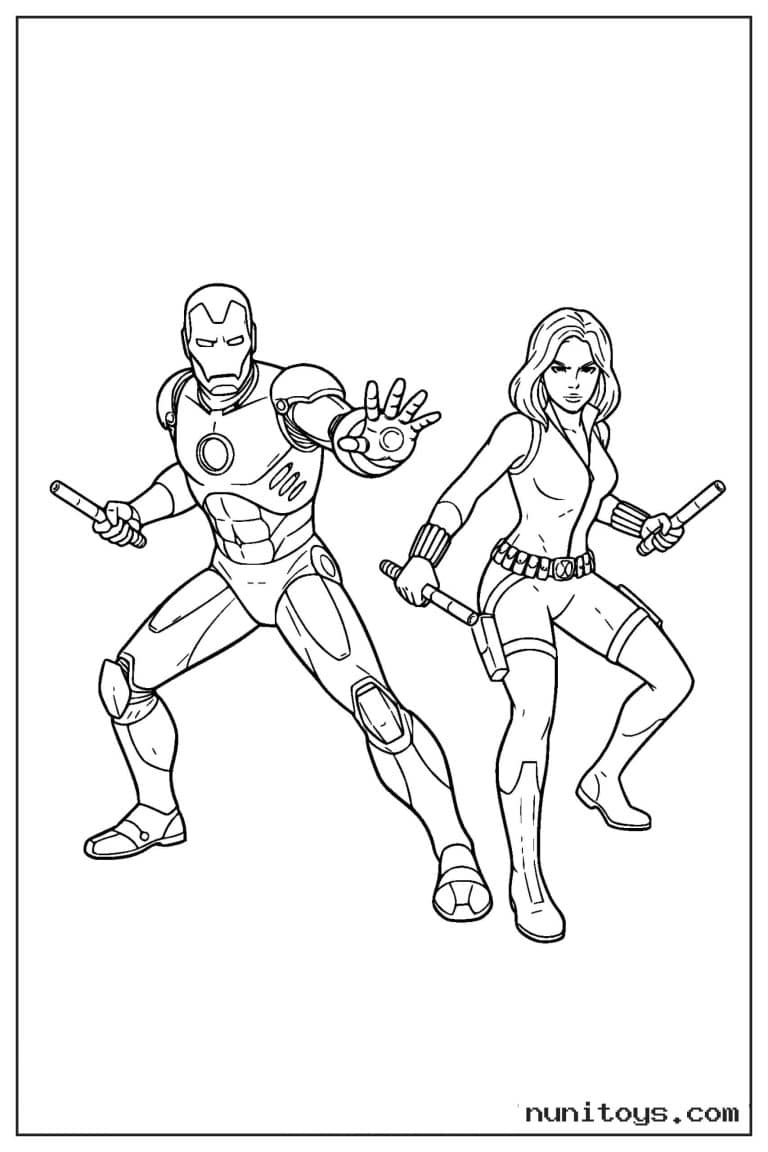 Coloriage Iron Man et Black Widow avec armes de combat