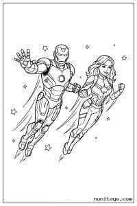 Iron Man and Captain Marvel Flying Side by Side Coloring Page