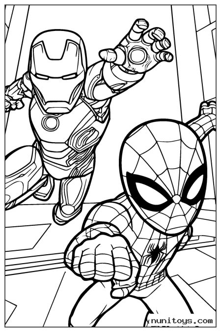 Iron Man and Spiderman Charging into Action Coloring Page