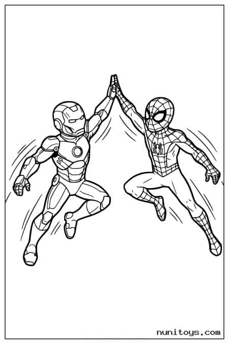 Iron Man and Spiderman High-Fiving in Midair Coloring Page