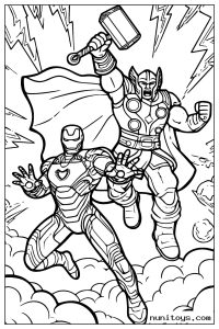 Iron Man and Thor Flying into Battle Coloring Page