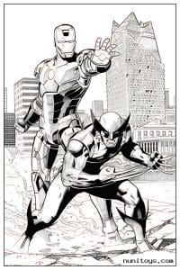 Iron Man and Wolverine Fighting in City Coloring Page