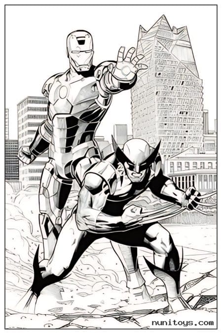 Iron Man and Wolverine Fighting in City Coloring Page
