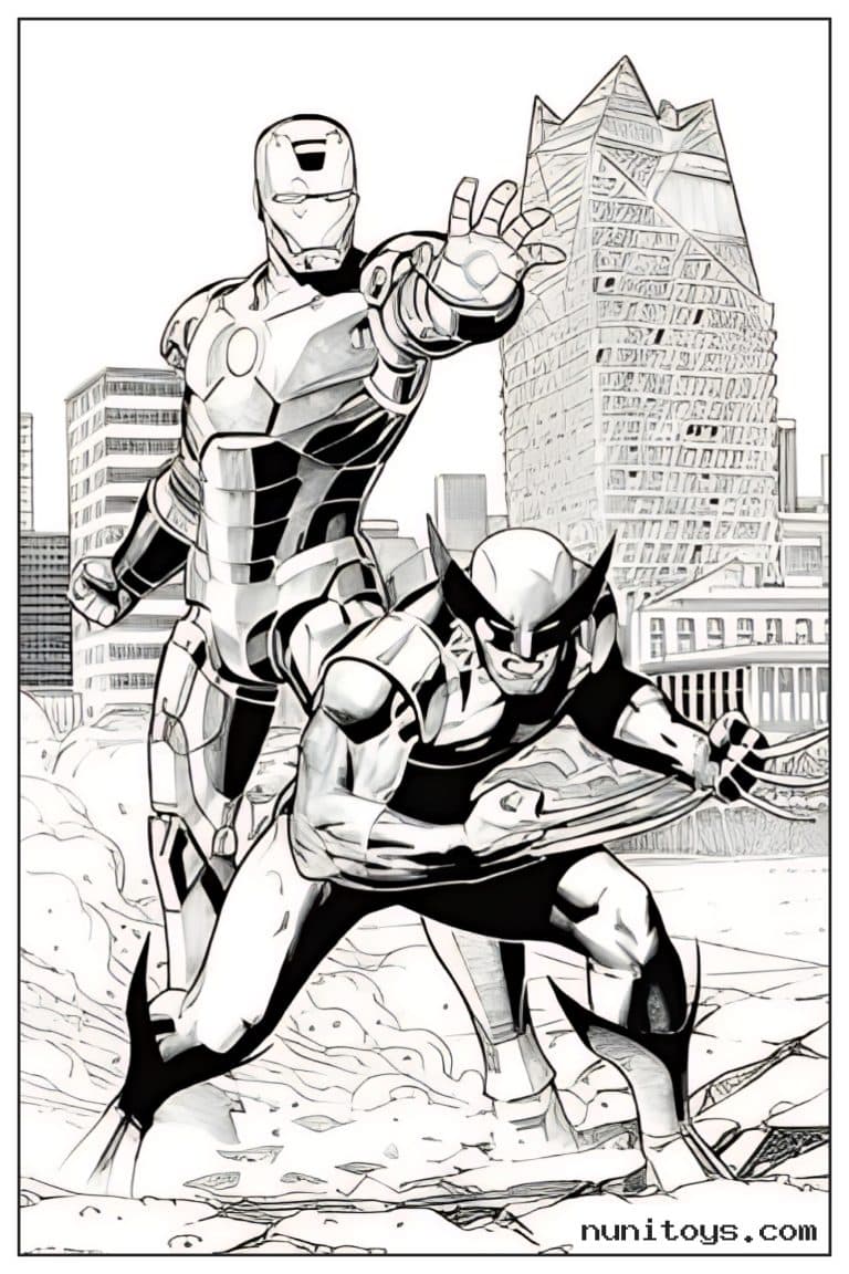 Coloriage Iron Man et Wolverine en pose de combat dans la ville