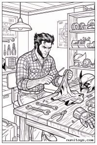 Logan Repairing His Wolverine Costume in Workshop Coloring Page