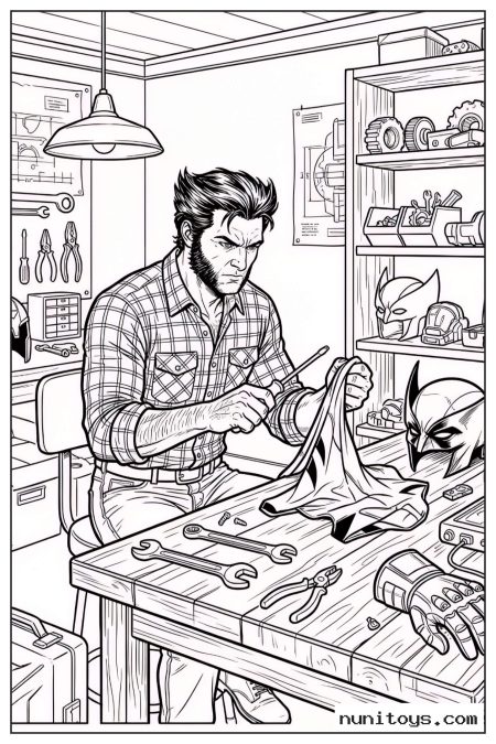 Logan Repairing His Wolverine Costume in Workshop Coloring Page