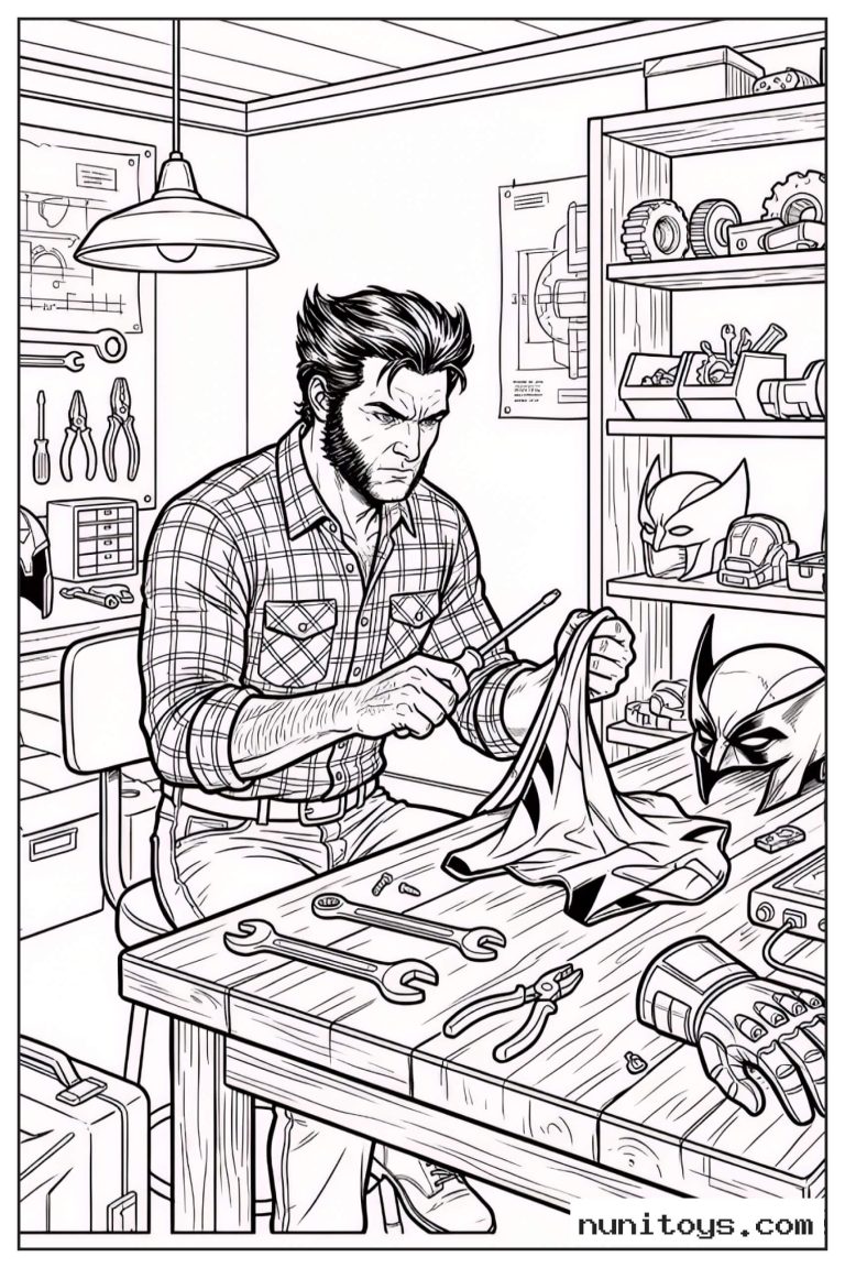 Coloriage Logan réparant le masque de Wolverine dans son atelier