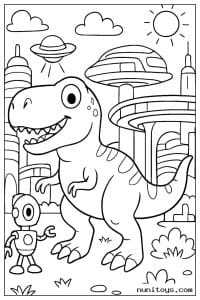 Coloriage T-Rex dans une ville futuriste avec petit robot