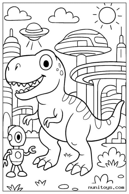 Coloriage T-Rex dans une ville futuriste avec petit robot