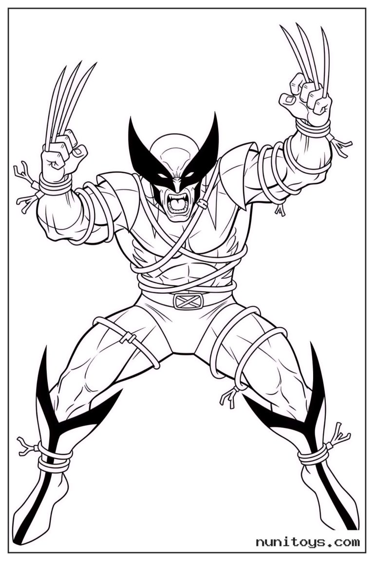 Coloriage Wolverine couvert de bandes avec les griffes levées