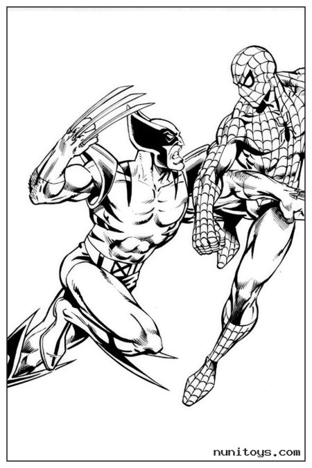 Wolverine Facing Spiderman with Claws Raised Coloring Page
