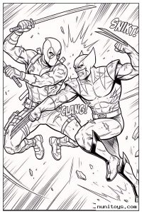 Wolverine Fighting Deadpool with Claws and Swords Coloring Page