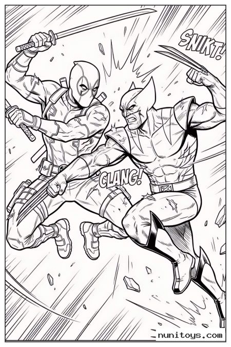 Wolverine Fighting Deadpool with Claws and Swords Coloring Page