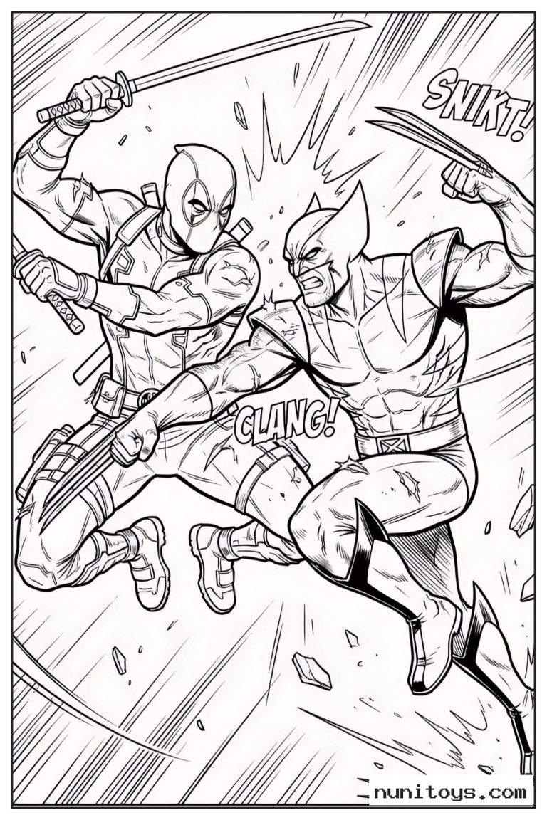 Coloriage Wolverine affrontant Deadpool avec griffes et sabres