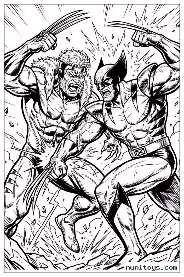 Coloriage Wolverine affrontant Sabretooth avec griffes sorties
