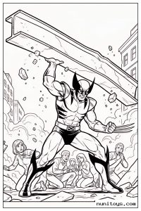 Wolverine Holding a Steel Beam to Protect Civilians Coloring Page
