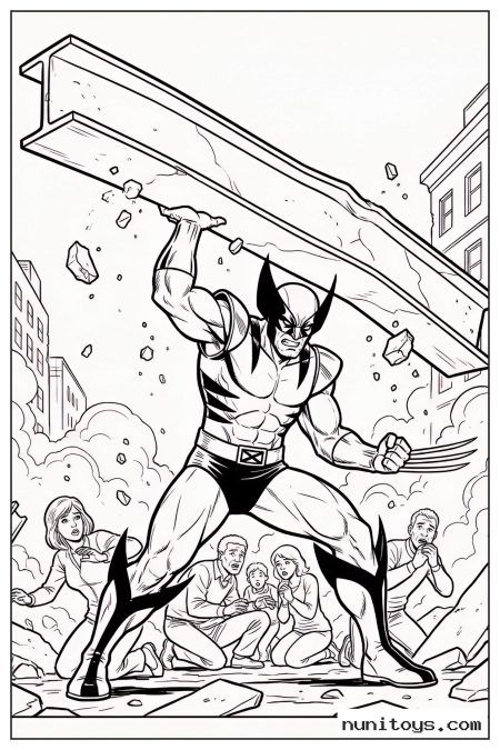 Wolverine Holding a Steel Beam to Protect Civilians Coloring Page