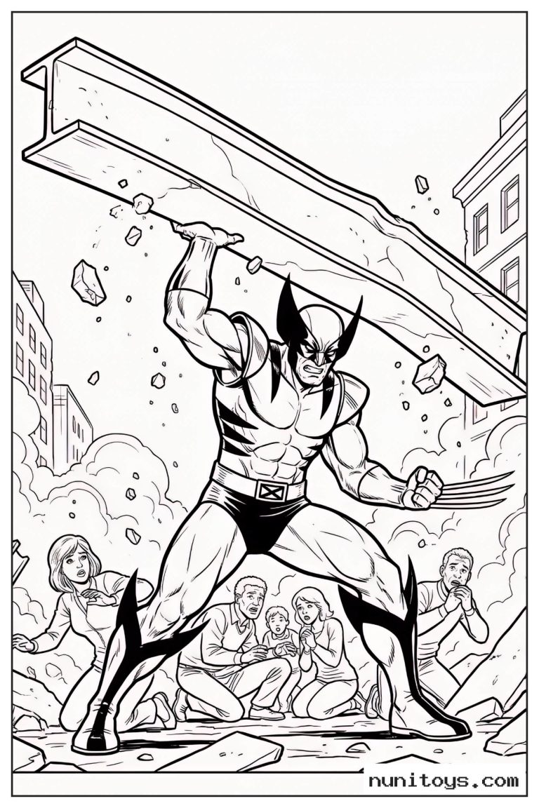 Coloriage Wolverine soulevant une poutre au milieu des débris