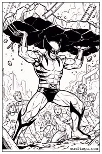 Wolverine Lifting Heavy Debris Above Civilians Coloring Page