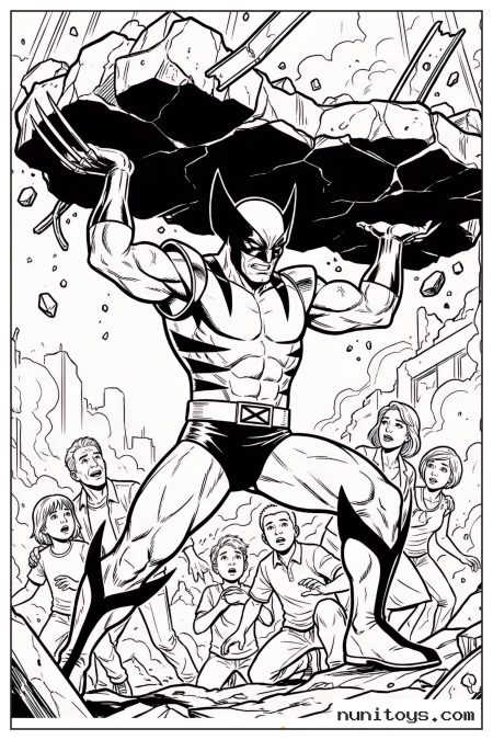 Wolverine Lifting Heavy Debris Above Civilians Coloring Page