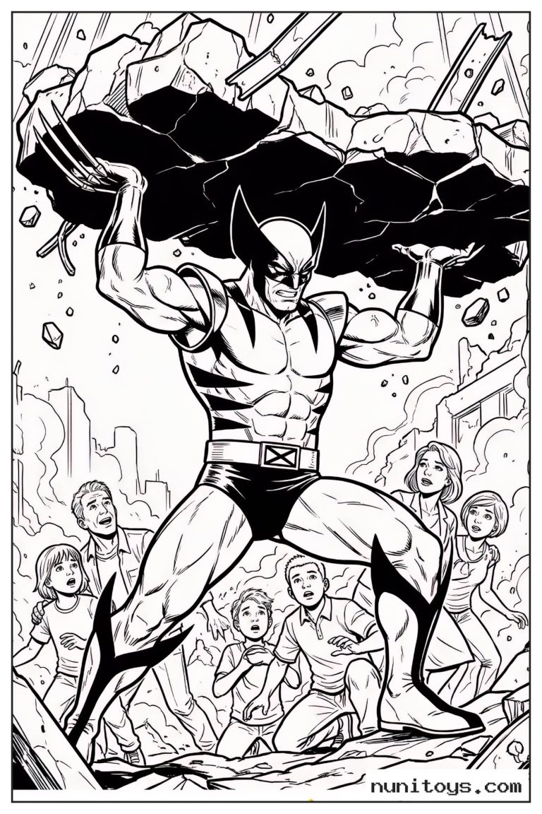 Coloriage Wolverine soulevant un énorme bloc de roche