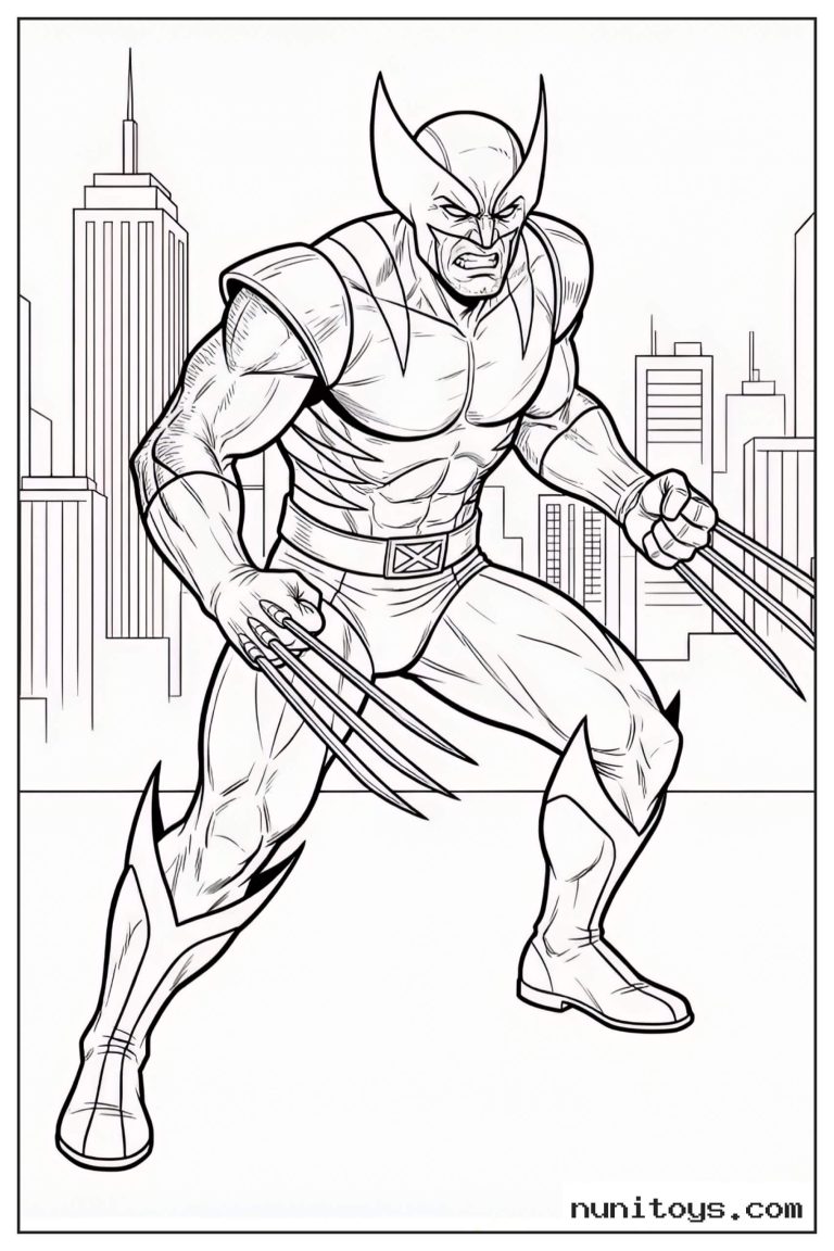 Coloriage Wolverine en position de combat devant les gratte-ciel