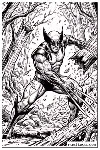 Wolverine Slashing Through Forest with Extended Claws Coloring Page