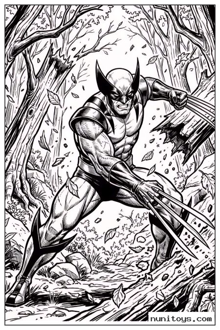 Wolverine Slashing Through Forest with Extended Claws Coloring Page