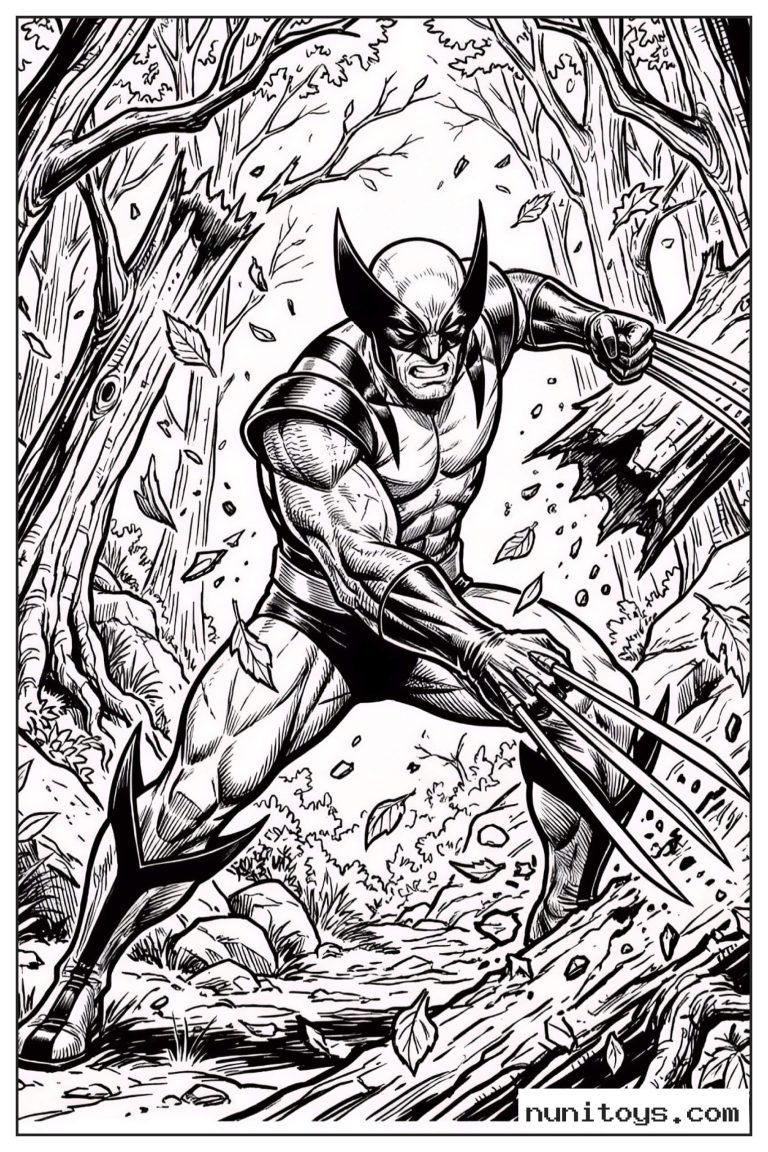 Coloriage Wolverine en pleine action dans une forêt détaillée