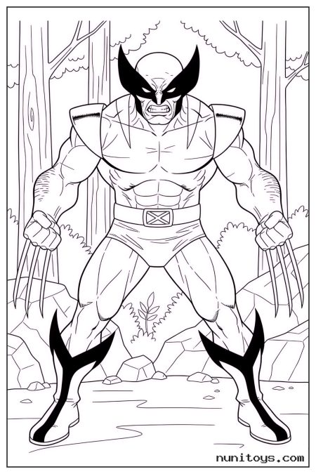 Wolverine Standing in Forest with Claws Extended Coloring Page