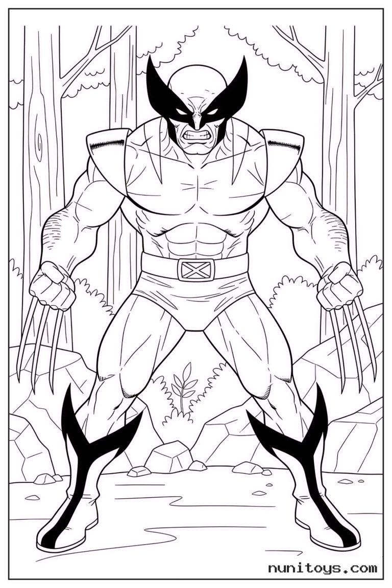 Coloriage Wolverine debout dans la forêt avec griffes sorties