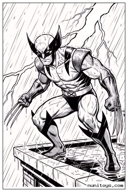 Wolverine Standing in Heavy Rain with Claws Coloring Page