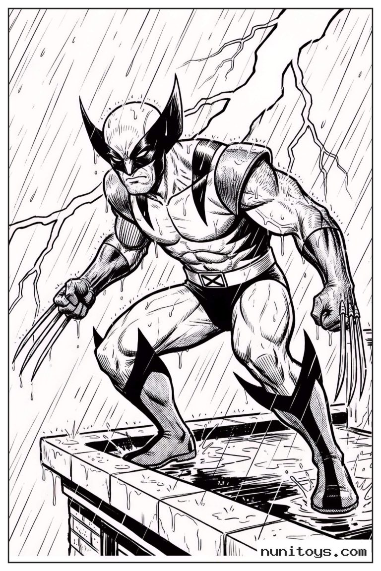Coloriage Wolverine sur un toit sous la pluie et les éclairs