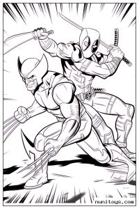 Wolverine and Deadpool Charging with Claws and Swords Coloring Page