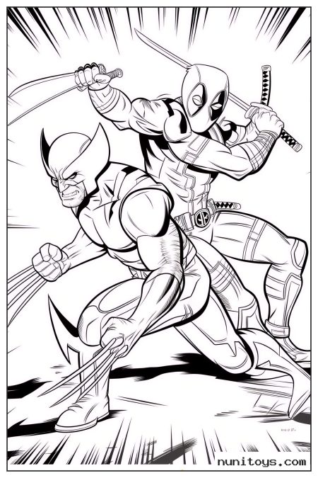 Wolverine and Deadpool Charging with Claws and Swords Coloring Page