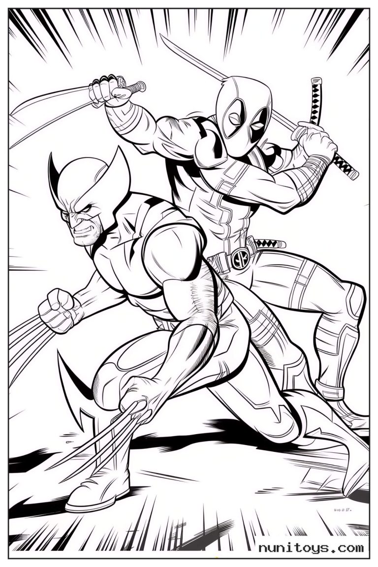 Coloriage Wolverine et Deadpool en pose de combat avec leurs armes
