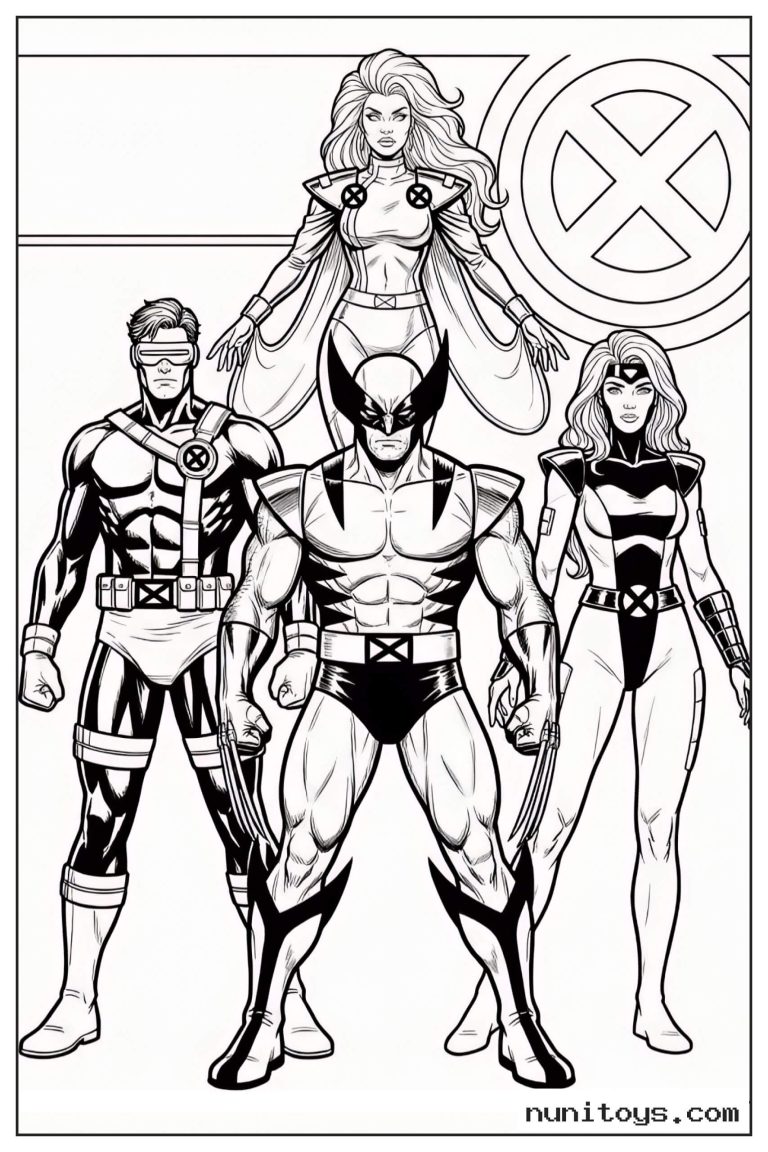 Coloriage Wolverine entouré de Cyclope, Tornade et Jean Grey