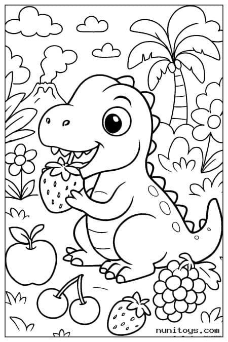 Coloriage petit T-Rex mangeant une fraise entouré de fruits