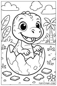 Coloriage bébé T-Rex sortant de son œuf près des palmiers