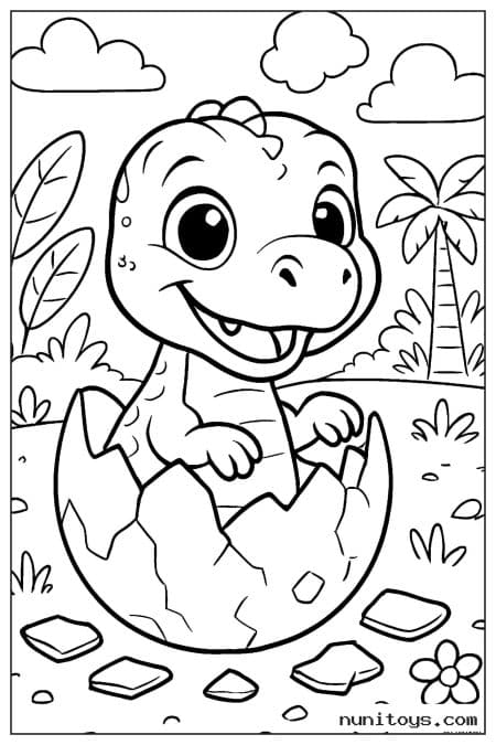 Coloriage bébé T-Rex sortant de son œuf près des palmiers