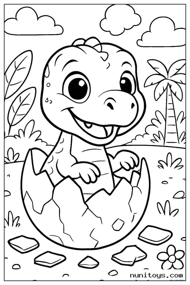 Coloriage bébé T-Rex sortant de son œuf près des palmiers